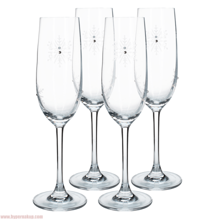 SNOWFLAKE CHAMPAGNE, poháre na šampanské, set 4 ks, s kryštálmi, 230 ml