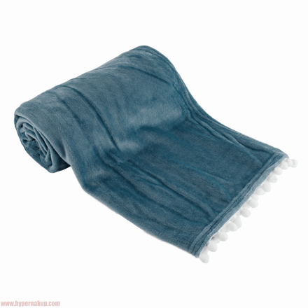 AKRA, plyšová deka s brmbolcami, oceľová modrá, 130x150 cm