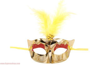 Karnevalová maska na tvár škraboška s perím - zlatá 