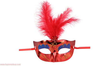 Karnevalová maska na tvár škraboška s perím červená