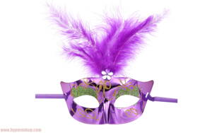 Karnevalová maska na tvár škraboška s perím - fialová