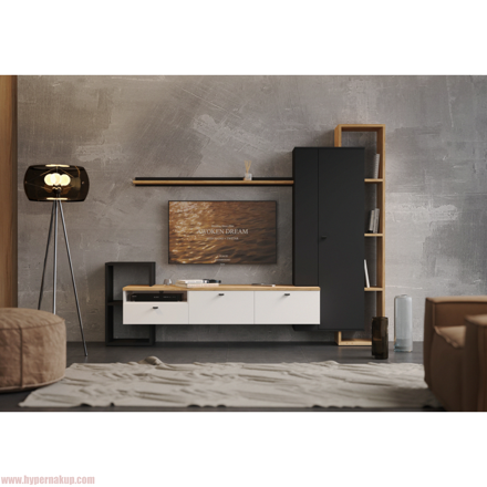 Obývacia stena, čierna/biela/dub craft zlatý, DENISO