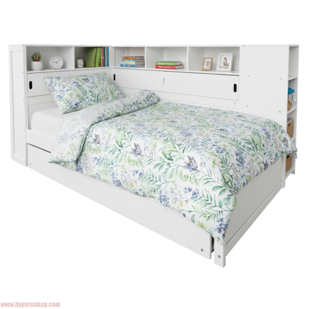 Posteľ s regálmi a prístelkou, biela, 90x200, LENDON