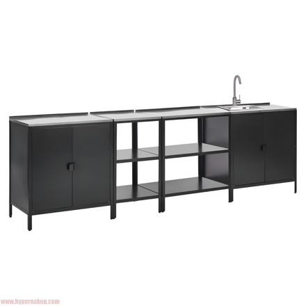 4-dielna záhradná kuchynská linka s drezom, oceľ, čierna, INES