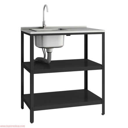 Záhradný kuchynský ostrovček s drezom, oceľ, čierna, INES TYP 4