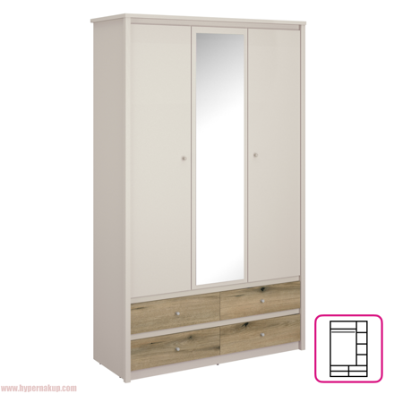 Skriňa so zrkadlom, kašmír/dub evoke, KAROS 3D4S