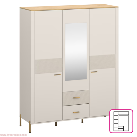 Skriňa so zrkadlom, kašmír/dub kamenný, RUNOL 3D2S