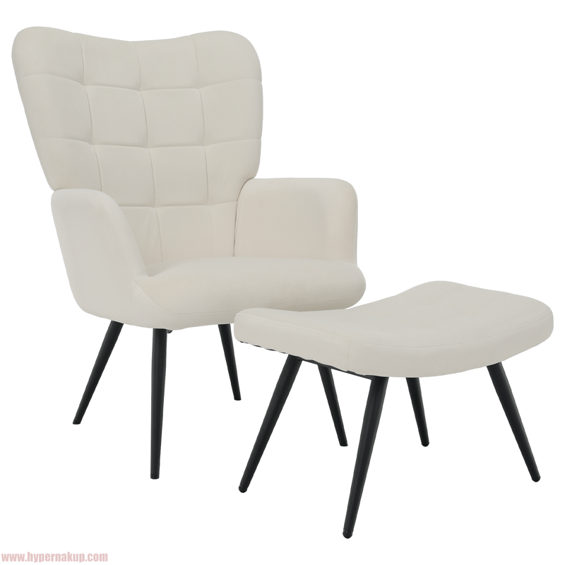 Kreslo s podnožou, biela Velvet látka/čierna, HABEN Kreslo s podnožou, biela Velvet látka/čierna, HABEN