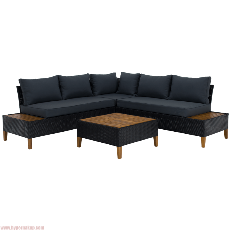 Záhradný ratanový set, akáciové drevo, čierna/sivá/prírodná, MALKOM Záhradný ratanový set, akáciové drevo, čierna/sivá/prírodná, MALKOM