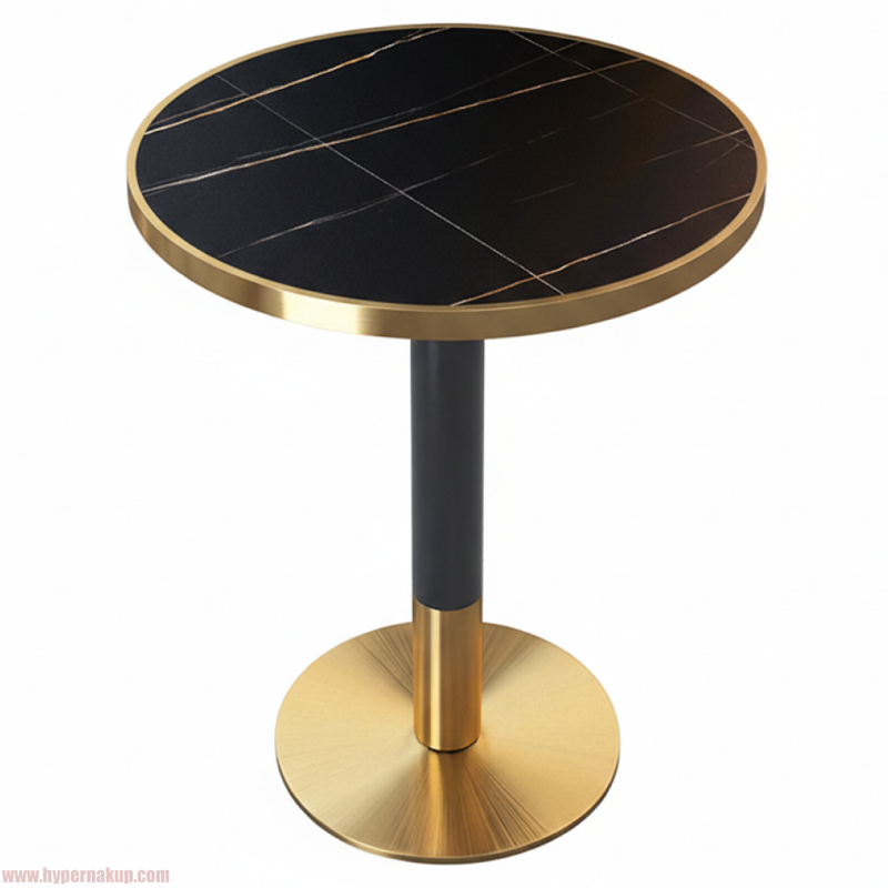Jedálenský bistro stôl, čierny mramor/čierna/zlatá, priemer 80 cm, OREN