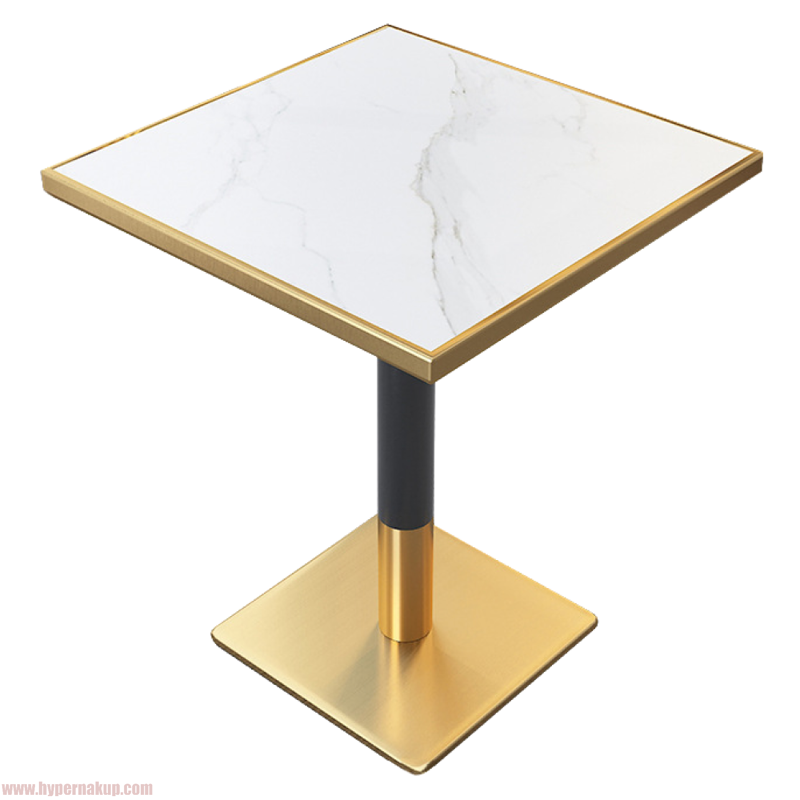 Jedálenský bistro stôl, biely mramor/čierna/zlatá, 70x70 cm, PRESTON