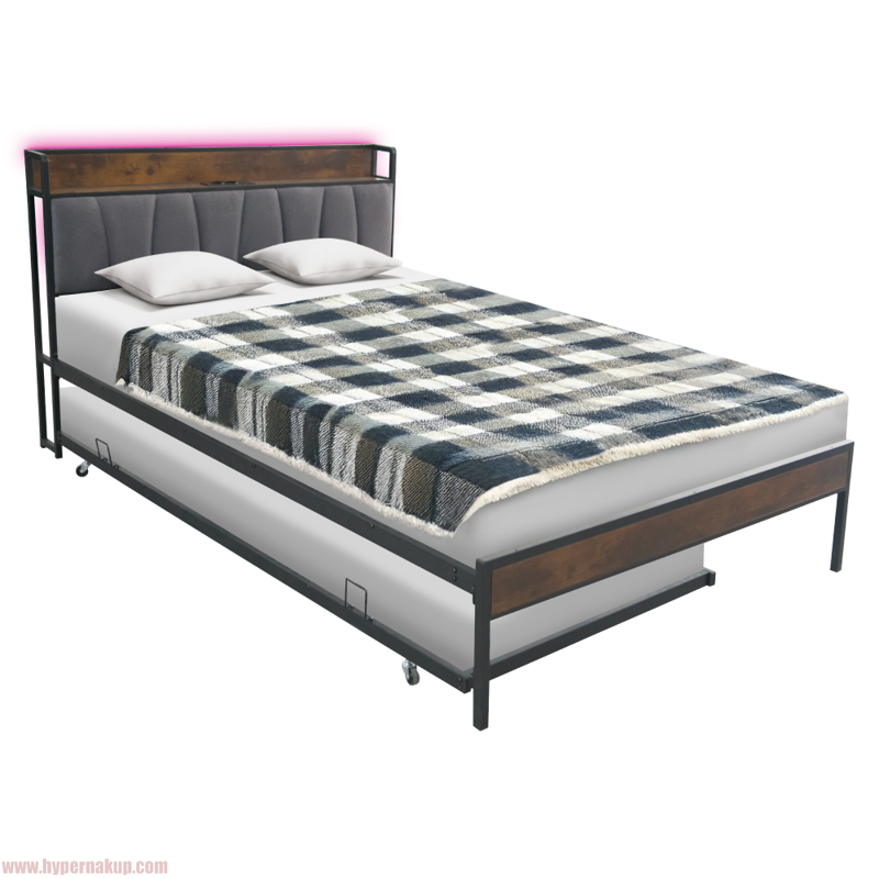 Posteľ s roštom a výsuvnou prístelkou, 160x200, čierna/sivá, NORDO