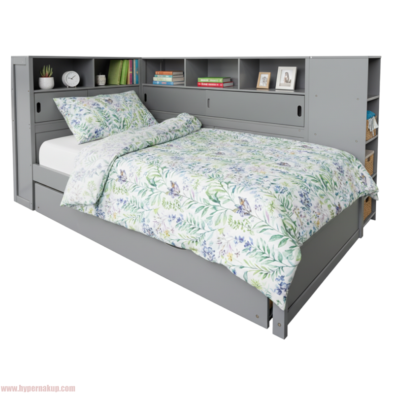 Posteľ s regálmi a prístelkou, sivá, 90x200, LENDON