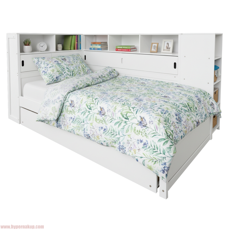 Posteľ s regálmi a prístelkou, biela, 90x200, LENDON