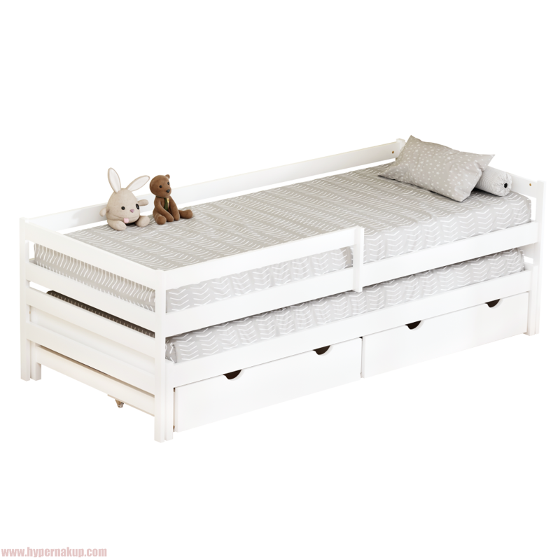 Posteľ s prístelkou a úložným priestorom, 90x200, biela, ELARA